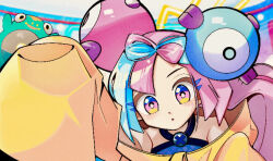 Rule 34 | 1girl, animated, bellibolt, blinking, blue shirt, bow-shaped hair, bright pupils, character hair ornament, closed mouth, commentary request, creatures (company), game freak, hair ornament, iono (pokemon), jacket, looking at viewer, multicolored hair, nintendo, pink hair, pokemon, pokemon (creature), pokemon sv, shirt, two-tone hair, ugoira, umineko skyblue, video, yellow jacket