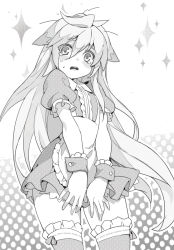 Rule 34 | 1girl, dress, frills, greyscale, long hair, messy hair, monochrome, octoman, short dress, short sleeves, solo, tearing up, thighhighs