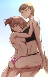 Rule 34 | 10s, 2girls, alisa (girls und panzer), ass, bikini, black panties, blue background, blush, breasts, brown eyes, brown hair, chewing, cowboy shot, dog tags, emblem, freckles, girls und panzer, gradient background, half-closed eyes, hand on another&#039;s shoulder, highres, leg hold, leg up, looking at viewer, medium breasts, multiple girls, naomi (girls und panzer), pandain, panties, pink panties, short hair, short twintails, sideboob, smile, sports bra, standing, straddling, swimsuit, tattoo, thong, topless, twintails, underwear, underwear only, very short hair, yuri