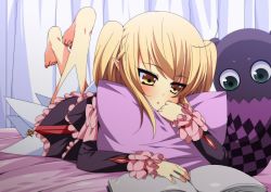 Rule 34 | 1girl, barefoot, bed, blonde hair, book, curtains, dress, elize lutus, feet, frills, legs up, long hair, lying, nigo (aozoragarou), on stomach, pillow, soles, tales of (series), tales of xillia, teepo (tales), the pose, toes, yellow eyes
