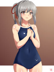 Rule 34 | 1girl, blue one-piece swimsuit, breasts, brown eyes, collarbone, commentary request, competition school swimsuit, competition swimsuit, cowboy shot, gluteal fold, grey hair, hair ribbon, hands on own chest, highres, kantai collection, long hair, looking at viewer, one-hour drawing challenge, one-piece swimsuit, ponytail, red ribbon, ribbon, school swimsuit, sebunsu, small breasts, smile, solo, swimsuit, usugumo (kancolle)