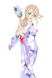 Rule 34 | 10s, 1girl, alisha diphda, braid, crossed bangs, french braid, green eyes, hand fan, holding, japanese clothes, kimono, long hair, long sleeves, obi, official alternate costume, official art, open mouth, paper fan, print kimono, sash, solo, tales of (series), tales of link, tales of zestiria, transparent background, uchiwa, wide sleeves, yukata