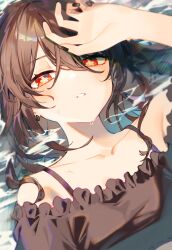 Rule 34 | 1girl, absurdres, bikini, bikini top only, black bikini, black nails, blush, breasts, brown hair, collarbone, earrings, fingernails, frilled bikini, frills, genshin impact, half-closed eyes, hand up, highres, hu tao (genshin impact), jewelry, kanase (mcbrwn18), looking at viewer, lying, lying on water, nail polish, on back, parted lips, partially submerged, red eyes, small breasts, solo, swimsuit, symbol-shaped pupils, upper body, water, wet