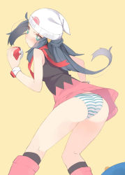 Rule 34 | 00s, 1girl, ass, bad id, bad pixiv id, black hair, blue eyes, blush, boots, creatures (company), dawn (pokemon), dress, from behind, game freak, gen 4 pokemon, hat, holding, holding poke ball, koba, long hair, nintendo, panties, pantyshot, pink footwear, piplup, poke ball, pokemon, pokemon (creature), pokemon dppt, red scarf, scarf, simple background, solo, standing, striped clothes, striped panties, sweatdrop, underwear, upskirt, watch, white background, wristwatch, yellow background