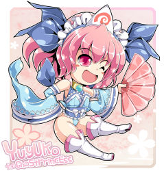 Rule 34 | 1girl, ;d, adapted costume, bare shoulders, blush stickers, boots, detached sleeves, hand fan, headdress, highres, ichirino minagi, knee boots, one eye closed, open mouth, pink eyes, pink hair, saigyouji yuyuko, smile, solo, thighhighs, touhou, triangular headpiece, wide sleeves, wink