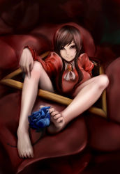 Rule 34 | 1girl, absurdres, barefoot, between toes, blue flower, blue rose, brooch, brown hair, feet, flower, highres, ib (kouri), jewelry, lady in red (ib), long hair, picture frame, pointing, red eyes, rose, smile, solo, stvfu, through medium, through painting, toes
