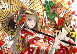 Rule 34 | 1girl, blonde hair, commentary request, fish, floral print, flower, food, grey hair, hair flower, hair ornament, highres, holding, holding umbrella, horns, japanese clothes, kimono, kine, long hair, long sleeves, looking at viewer, mallet, mochi, mochitsuki, new year, oil-paper umbrella, open mouth, original, pirapirapirapira, smile, tagme, umbrella, wide sleeves
