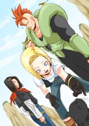 Rule 34 | 1girl, 2boys, ^^^, android 16, android 17, android 18, bird, black hair, blonde hair, blue eyes, brother and sister, cat, dragon ball, dragonball z, gem, gloves, jewelry, multiple boys, necklace, open mouth, pearl (gemstone), pearl necklace, scarf, short hair, shuraba kai, siblings, smile