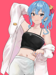 Rule 34 | 1girl, arm up, bell, black camisole, blue eyes, blue hair, blue nails, bmyoshikun123, bow, bow earrings, breasts, camisole, closed mouth, collarbone, crop top, earrings, hair bell, hair ornament, high side ponytail, highres, hololive, hoshimachi suisei, jacket, jewelry, looking at viewer, midriff, navel, off shoulder, pants, pink background, small breasts, solo, stomach, virtual youtuber, white jacket, white pants
