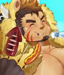 Rule 34 | 1boy, animal hood, bara, bare pectorals, blue background, boar boy, boar hood, body fur, brown hair, closed eyes, commentary, corn, eating, facial hair, food, forked eyebrows, glint, goatee, grilled corn, gullinbursti (housamo), halftone, halftone background, happy, highres, holding, holding skewer, hood, ketchup, kiekoio, large pectorals, long sideburns, male focus, muscular, muscular male, mustard, pectorals, ramune, sausage, self-upload, short hair, sideburns, signature, simple background, skewer, solo, sparkle, squid, symbol-only commentary, tokyo houkago summoners, tusks, upper body