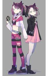 Rule 34 | 1girl, asymmetrical bangs, black choker, black footwear, black hair, black jacket, black nails, blue eyes, boots, choker, closed mouth, creatures (company), crop top, dress, dusk ball, fujie-yz, game freak, hair ribbon, highres, holding, holding poke ball, jacket, marnie (pokemon), midriff, multicolored hair, multiple views, nail polish, nintendo, pants, pink dress, pink hair, pink ribbon, poke ball, pokemon, pokemon swsh, ribbon, simple background, standing, streaked hair, torn clothes, twintails, two-tone background, undercut