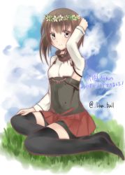 Rule 34 | 10s, 1girl, arm up, bad id, bad pixiv id, black thighhighs, blush, brown hair, dan ball, head wreath, kantai collection, looking at viewer, sitting, skirt, smile, solo, taihou (kancolle), thighhighs, translation request
