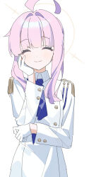 Rule 34 | 1girl, ahoge, blue archive, blue necktie, buttons, closed eyes, closed mouth, collared jacket, facing viewer, gloves, halo, hand on own face, highres, jacket, kaya (blue archive), light blush, long sleeves, medium hair, necktie, nekoln, pink hair, simple background, sketch, skirt, smile, solo, white background, white gloves, white jacket, white skirt