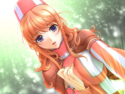 Rule 34 | 1girl, 7 online, :d, blue eyes, blush, breasts, cape, day, detached sleeves, dutch angle, fantasy, game cg, hair ornament, hairclip, hat, impossible clothes, large breasts, light rays, lipstick, long hair, makeup, monnbrun, nature, nurse, open mouth, orange hair, outdoors, red hair, sano toshihide, shichinin no online gamers, smile, solo, striped, sunbeam, sunlight, turtleneck, wavy hair