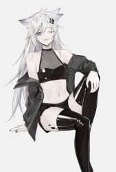 Rule 34 | 1girl, absurdres, alternate costume, animal ears, arknights, artist request, bad id, bad twitter id, bea (12424 24), black jacket, black shorts, black thighhighs, breasts, commentary, crop top, english commentary, fangs, fishnets, grey background, grey eyes, hair between eyes, hair ornament, hairclip, hand on own knee, highres, invisible chair, jacket, knee up, lappland (arknights), leather, long hair, looking at viewer, material growth, midriff, navel, off shoulder, one eye closed, open clothes, open jacket, open mouth, oripathy lesion (arknights), scar, scar across eye, scar on face, short shorts, shorts, silver hair, simple background, sitting, sleeveless, small breasts, smile, solo, thighhighs, thighs, wolf ears