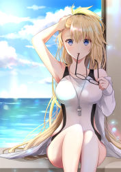 Rule 34 | 1girl, arm up, bare shoulders, black-framed eyewear, blonde hair, blue sky, breasts, cloud, cloudy sky, commentary request, competition swimsuit, day, unworn eyewear, fate/grand order, fate (series), fingernails, glasses, hand in own hair, high ponytail, highres, holding, holding removed eyewear, horizon, iroha (shiki), jacket, jeanne d&#039;arc (fate), jeanne d&#039;arc (ruler) (fate), jeanne d&#039;arc (swimsuit archer) (fate), jeanne d&#039;arc (swimsuit archer) (second ascension) (fate), large breasts, long hair, ocean, off shoulder, one-piece swimsuit, open clothes, open jacket, outdoors, ponytail, sitting, sky, solo, swimsuit, very long hair, water, whistle, whistle around neck, white jacket, white one-piece swimsuit