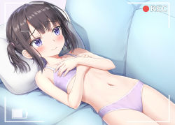 Rule 34 | 1girl, bare arms, bare shoulders, battery indicator, blush, bra, brown hair, closed mouth, collarbone, commentary request, couch, covering privates, covering chest, flat chest, hair ornament, hair tie, hairclip, hands on own chest, hands up, highres, lying, navel, nedia (nedia region), on back, on couch, original, panties, pillow, pink bra, pink panties, navel, purple eyes, recording, short hair, sidelocks, solo, training bra, twintails, underwear, underwear only, viewfinder