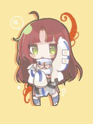 Rule 34 | 1girl, ahoge, arknights, arm up, blue socks, brown background, brown hair, chibi, commentary request, full body, green eyes, green hair, grey skirt, highres, jacket, long hair, long sleeves, mom2, multicolored hair, myrtle (arknights), open clothes, open jacket, parted bangs, puffy long sleeves, puffy sleeves, shoes, skirt, sleeves past fingers, sleeves past wrists, socks, solo, spoken squiggle, squiggle, standing, streaked hair, tank top, very long hair, white footwear, white jacket, white tank top