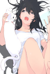 Rule 34 | 1girl, barefoot, black hair, blush, book, breasts, brown eyes, cat, collarbone, comic koh, grey background, hair between eyes, highres, holding, holding book, legs up, long hair, looking at another, lying, medium breasts, mole, mole under eye, on back, open book, open mouth, original, ryokucha (i cobalt), shirt, shorts, simple background, solo, teeth, white cat, white shirt