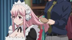 2girls animated animated_gif breasts cleavage headphones large_breasts long_hair lowres maid multiple_girls nitroplus pink_eyes pink_hair smile super_sonico