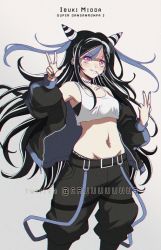 Rule 34 | 1girl, bare shoulders, black hair, black jacket, black panties, black pants, blue hair, blush, breasts, character name, collarbone, commentary, contrapposto, copyright name, criis-chan, crop top, danganronpa (series), danganronpa 2: goodbye despair, ear piercing, earrings, grey background, groin, hair horns, jacket, jewelry, lip piercing, long hair, looking at viewer, medium breasts, midriff, mioda ibuki, mouth hold, multicolored hair, navel, navel piercing, off-shoulder jacket, off shoulder, panties, pants, piercing, pink eyes, pink hair, purple jacket, shirt, simple background, smile, solo, standing, symbol-only commentary, underwear, w, white hair, white shirt
