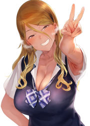 Rule 34 | 1girl, armpits, bad anatomy, bad id, bad pixiv id, blonde hair, blue vest, blush, bow, bowtie, breasts, brown eyes, cleavage, collared shirt, colored skin, dark-skinned female, dark skin, grin, gyaru, hair between eyes, hand gesture, has bad revision, has downscaled revision, highres, idolmaster, idolmaster shiny colors, ikuchan kaoru, izumi mei, large breasts, long hair, looking at viewer, md5 mismatch, multicolored skin, resolution mismatch, shirt, short sleeves, simple background, smile, solo, source smaller, v, vest, white background, white shirt