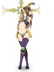 Rule 34 | 1girl, armor, armpits, arms up, bikini armor, breasts, brown hair, crossed legs, elbow gloves, gloves, green eyes, highres, huge weapon, kumiko shiba, league of legends, long hair, looking at viewer, medium breasts, navel, purple thighhighs, simple background, sivir, smile, solo, standing, thighhighs, underboob, watson cross, weapon, white background