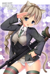 Rule 34 | 1girl, :d, animal ears, anti-materiel rifle, argyle, argyle background, argyle clothes, blue eyes, blush, boys anti-tank rifle, braid, cat ears, cat tail, character name, gun, heart, highres, holding, kuragari, looking at viewer, lynette bishop, necktie, open mouth, panties, rifle, salute, shirt, single braid, smile, sniper rifle, solo, strike witches, striped clothes, striped thighhighs, tail, thighhighs, thighs, underwear, weapon, world witches series