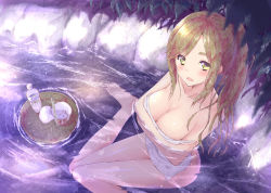 Rule 34 | 10s, 1girl, :d, afloat, aramachi, bathing, blush, bottle, breasts, brown hair, chopsticks, cleavage, collarbone, crossed arms, cup ramen, fang, feet out of frame, green eyes, highres, inuyama aoi, knees together feet apart, large breasts, long hair, looking at viewer, looking up, nude, onsen, open mouth, parted bangs, partially submerged, ponytail, rock, shiny skin, sidelocks, sitting, skin fang, smile, solo, thick eyebrows, towel, tray, wariza, water, water bottle, yurucamp