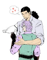 Rule 34 | 2boys, affectionate, bird, black hair, facial hair, flat color, goatee, heart, height difference, highres, long hair, m0529205161, male focus, mask, multiple boys, one piece, pectorals, pigeon, purple hair, rob lucci, shirt, short hair, smile, spandam, thick eyebrows, thought bubble, upper body, yaoi