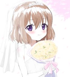 Rule 34 | 1girl, bare shoulders, blend s, blush, bouquet, bow, bridal veil, bride, brown hair, closed mouth, dress, flower, gloves, hair between eyes, holding, holding bouquet, hoshikawa mafuyu, pink bow, purple eyes, rose, see-through, sincos, smile, solo, strapless, strapless dress, tiara, veil, wedding dress, white gloves, yellow flower, yellow rose
