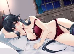 Rule 34 | 1girl, bed, black hair, blush, bra, breasts, cleavage, collarbone, garter straps, ichinomiya (blantte), indoors, jewelry, kantai collection, large breasts, lingerie, long hair, looking at viewer, lying, navel, off shoulder, on bed, on side, panties, pillow, ponytail, red bra, red eyes, red panties, red scrunchie, ring, scrunchie, sidelocks, single garter strap, single thighhigh, smile, solo, thighhighs, underwear, wedding band, yahagi (kancolle)