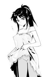 Rule 34 | 1girl, absurdres, bare arms, breasts, cleavage, cleft of venus, closed mouth, clothes lift, covered erect nipples, cowboy shot, dress, dress lift, greyscale, han&#039;you no yashahime, highres, inuyasha, long hair, looking down, medium breasts, monochrome, multi-strapped dress, multicolored hair, multiple straps, no bra, no panties, ohisashiburi, ponytail, pussy, see-through, see-through silhouette, setsuna (inuyasha), simple background, solo, standing, streaked hair, translation request, white background
