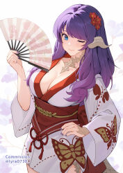 Rule 34 | 1girl, animal print, au ra, blue eyes, butterfly print, commentary, commission, commissioner name, dragon horns, english commentary, final fantasy, final fantasy xiv, flower, folding fan, hair flower, hair ornament, hand fan, hand on own hip, highres, holding, holding fan, horns, japanese clothes, kimono, long hair, long sleeves, looking at viewer, lyra-kotto, obi, one eye closed, purple hair, purple nails, sash, scales, short kimono, smile, solo, warrior of light (ff14), white kimono, wide sleeves
