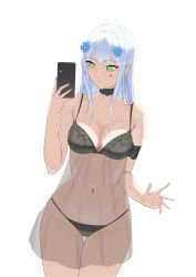 Rule 34 | 1girl, absurdres, alternate costume, bare shoulders, black bra, black choker, black nightgown, black panties, blue hair, bra, bra strap, breasts, cellphone, choker, cleavage, closed mouth, collarbone, copper, feet out of frame, girls&#039; frontline, green eyes, hair ornament, hairclip, highres, hk416 (girls&#039; frontline), holding, holding phone, light blue hair, long hair, looking away, medium breasts, navel, nightgown, panties, phone, smartphone, solo, standing, teardrop facial mark, teardrop tattoo, thighs, underwear, underwear only, white background