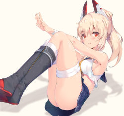Rule 34 | 1girl, absurdres, ass, ayanami (azur lane), azur lane, bare shoulders, black footwear, blue sailor collar, boots, breasts, commentary request, crop top, crossed ankles, hair between eyes, hair ornament, headgear, highres, knees up, long hair, looking at viewer, medium breasts, nakazawa aki, navel, outstretched arms, ponytail, red eyes, sailor collar, school uniform, serafuku, shirt, simple background, sitting, skirt, sleeveless, sleeveless shirt, smile, solo, thighhighs, thighs, tongue, tongue out, white background