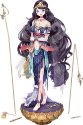 Rule 34 | 1girl, black hair, blue eyes, blush, bowgun, breasts, crown, full body, holding, holding weapon, jewelry, kannonji (oshiro project), large breasts, long hair, midriff, navel, necklace, official art, oshiro project:re, oshiro project:re, sheep sleep, short sleeves, solo, torn clothes, transparent background, underboob, very long hair, weapon