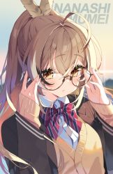 Rule 34 | 1girl, ahoge, blazer, blurry, blurry background, bow, brown eyes, brown hair, cardigan, character name, feather hair ornament, feathers, film grain, glasses, hair ornament, highres, hololive, hololive english, jacket, long hair, looking at viewer, multicolored hair, nanashi mumei, official alternate costume, parted lips, ponytail, ribbon, round eyewear, school uniform, shirt, sleeves past wrists, sparkle, streaked hair, striped, striped bow, sweater, very long hair, virtual youtuber, white shirt, yellow cardigan, yellow sweater, yotte