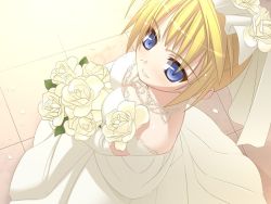 Rule 34 | 1girl, blonde hair, blue eyes, bouquet, breasts, bride, character request, cleavage, dress, flower, large breasts, ninozen, solo, source request, wedding dress