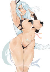Rule 34 | 1girl, absurdres, areola slip, armpits, arms up, bikini, blue eyes, blue hair, braid, brashear lushert, breasts, clothing cutout, covered erect nipples, genshin impact, groin, hair ornament, hair over one eye, highres, large breasts, long hair, looking at viewer, low-braided long hair, low-tied long hair, navel, panties, pasties, pubic tattoo, shenhe (genshin impact), simple background, single braid, smile, solo, standing, stomach, swimsuit, tattoo, thick thighs, thighs, underwear, very long hair, white background, white hair