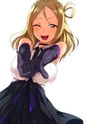 Rule 34 | 1girl, :3, :d, black gloves, black skirt, blonde hair, blush, breasts, collared shirt, elbow gloves, gloves, highres, large breasts, looking at viewer, love live!, love live! school idol festival, love live! sunshine!!, ohara mari, one eye closed, one side up, open mouth, parted bangs, pointing, pointing at viewer, satou kuuki, shirt, simple background, skirt, smile, solo, white background, white shirt, yellow eyes