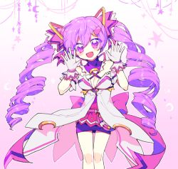 Rule 34 | 1girl, aisha landar, bad id, bad pixiv id, blush, breasts, buchu14569590, cleavage, colorized, dimension witch (elsword), dress, drill hair, elsword, gloves, gradient background, hair ornament, hairclip, moon, purple eyes, purple hair, purple theme, short dress, smile, twintails, white gloves