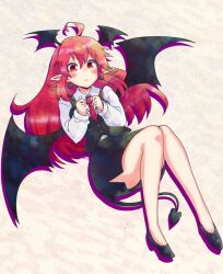 Rule 34 | 1girl, ahoge, bat wings, black footwear, black skirt, black vest, black wings, blush, breasts, buttons, carbohydrate (asta4282), collared shirt, commentary request, demon girl, demon tail, drop earrings, drop shadow, earrings, flying sweatdrops, full body, hair between eyes, head wings, highres, jewelry, koakuma, long hair, long sleeves, looking at viewer, medium bangs, necktie, open mouth, pencil skirt, pointy ears, red eyes, red hair, red necktie, shirt, sidelocks, simple background, skirt, skirt set, small breasts, solo, tail, touhou, vest, white shirt, wings