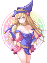 Rule 34 | 1girl, absurdres, bare shoulders, blonde hair, blush, breasts, choker, cleavage, cowboy shot, dark magician girl, duel monster, fingerless gloves, gloves, green eyes, hand on own hip, hat, highres, holding, hyangu, large breasts, long hair, looking at viewer, off shoulder, purple gloves, solo, wand, wizard hat, yu-gi-oh!, yu-gi-oh! duel monsters
