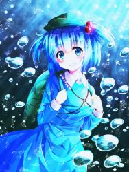 Rule 34 | 1girl, :d, amaoto (pandora778), backpack, bag, blue eyes, blue hair, blush, boots, bubble, dress, grin, hair bobbles, hair ornament, highres, kawashiro nitori, key, legs, light rays, long sleeves, looking at viewer, matching hair/eyes, open mouth, pocket, shirt, short hair, skirt, skirt set, smile, solo, sunbeam, sunlight, touhou, twintails, two side up, underwater, wet, wet clothes