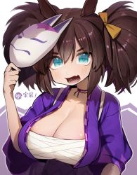Rule 34 | 1girl, animal ears, aqua eyes, breasts, brown hair, cleavage, fang, fox mask, hair between eyes, hair ornament, highres, horse ears, horse girl, inari one (umamusume), japanese clothes, jewelry, kimono, large breasts, mask, mask on head, necklace, open mouth, oppai loli, purple kimono, ribbon, sarashi, simple background, skin fang, solo, tamukoro, twintails, umamusume, upper body, white background, yellow ribbon