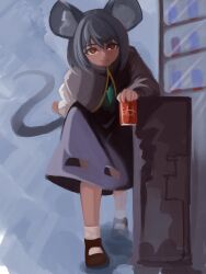 Rule 34 | 1girl, absurdres, animal ears, can, capelet, grey capelet, grey hair, grey skirt, grey vest, highres, holding, holding can, jewelry, lenserd, long sleeves, mouse ears, mouse girl, mouse tail, nazrin, pendant, red eyes, shirt, shoes, short hair, skirt, smile, socks, solo, tail, touhou, vending machine, vest, white shirt, white socks