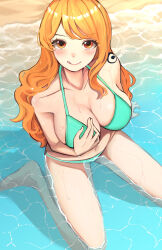 Rule 34 | 1girl, beach, bikini, blush, breasts, cleavage, collarbone, green bikini, highres, kasumi 6, large breasts, long hair, looking at viewer, looking up, nami (one piece), navel, one piece, orange hair, shallow water, shoulder tattoo, sitting, smile, solo, string bikini, swimsuit, tattoo, tongue, tongue out, very long hair, wariza, water, water drop