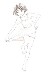 Rule 34 | 1girl, barefoot, dress, feet, monochrome, original, short hair, sketch, solo, traditional media, yoshitomi akihito
