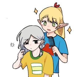 Rule 34 | 1boy, 1girl, :d, adjusting another&#039;s hair, bad id, bags under eyes, baimubushadiao, black eyes, blonde hair, braid, chibi, chibi only, contemporary, deformed, dungeon meshi, elf, green eyes, grey hair, hair brush, holding, holding hair brush, lazy eye, long hair, male focus, marcille donato, mithrun, notched ear, official alternate costume, open mouth, pointy ears, ponytail, shirt, short hair, side braid, simple background, smile, sparkle, t-shirt, uneven eyes, white background